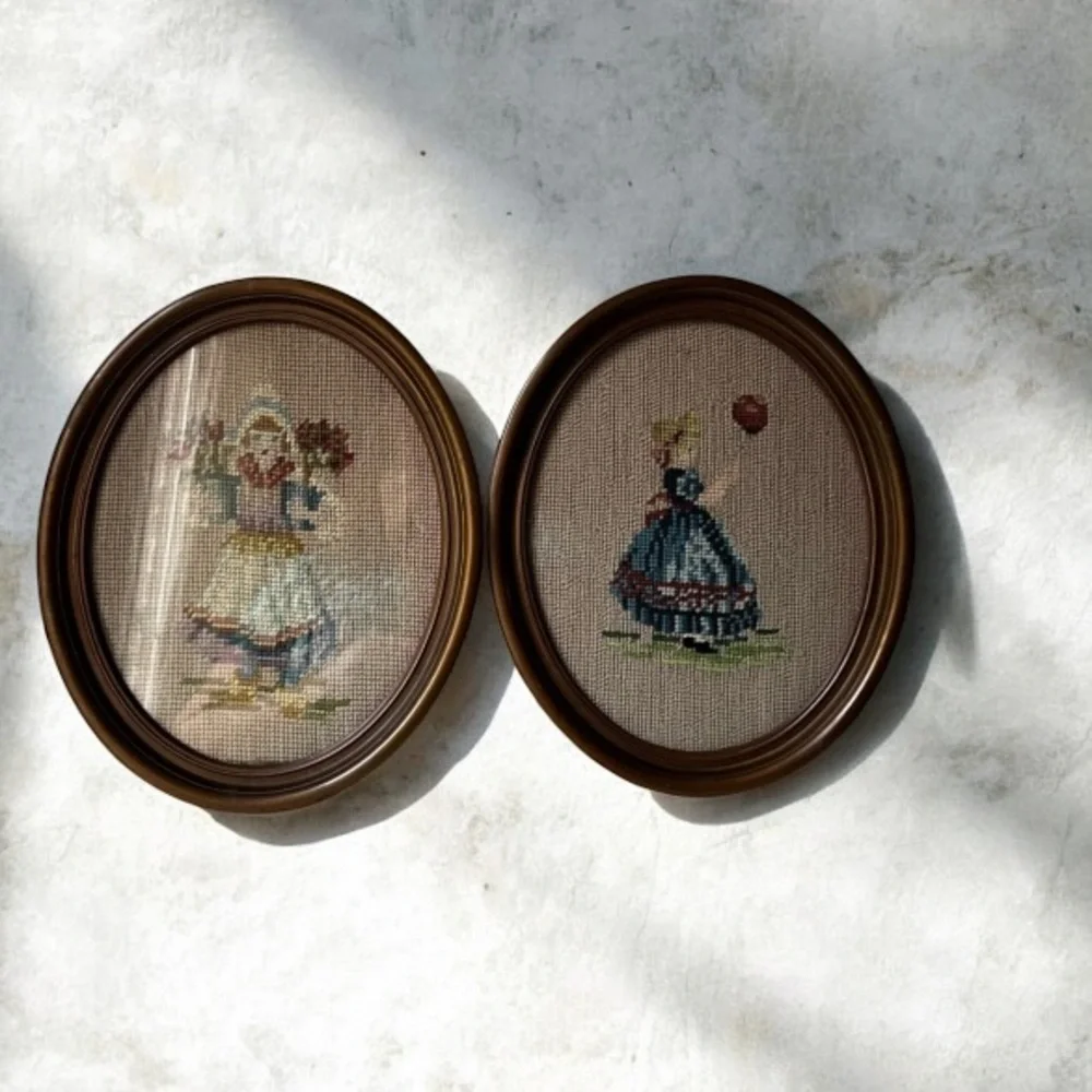 Vintage needle point Wall Art Set of 2 Victorian ladies with flowers